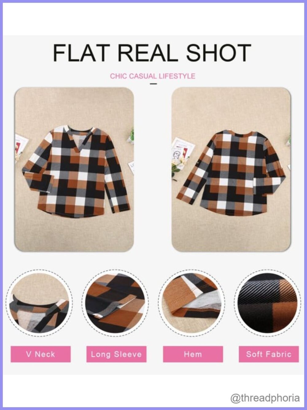 Womens Plaid Button-Down Shirt 3/4 Sleeve V-Neck High-Low Tunic Blouse - Picture 4 of 6